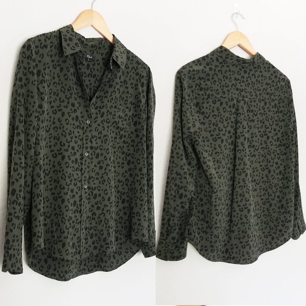Rails Kate 100% Silk Button Down Blouse Olive Cheetah S Minimalist Designer $198 - Picture 7 of 16